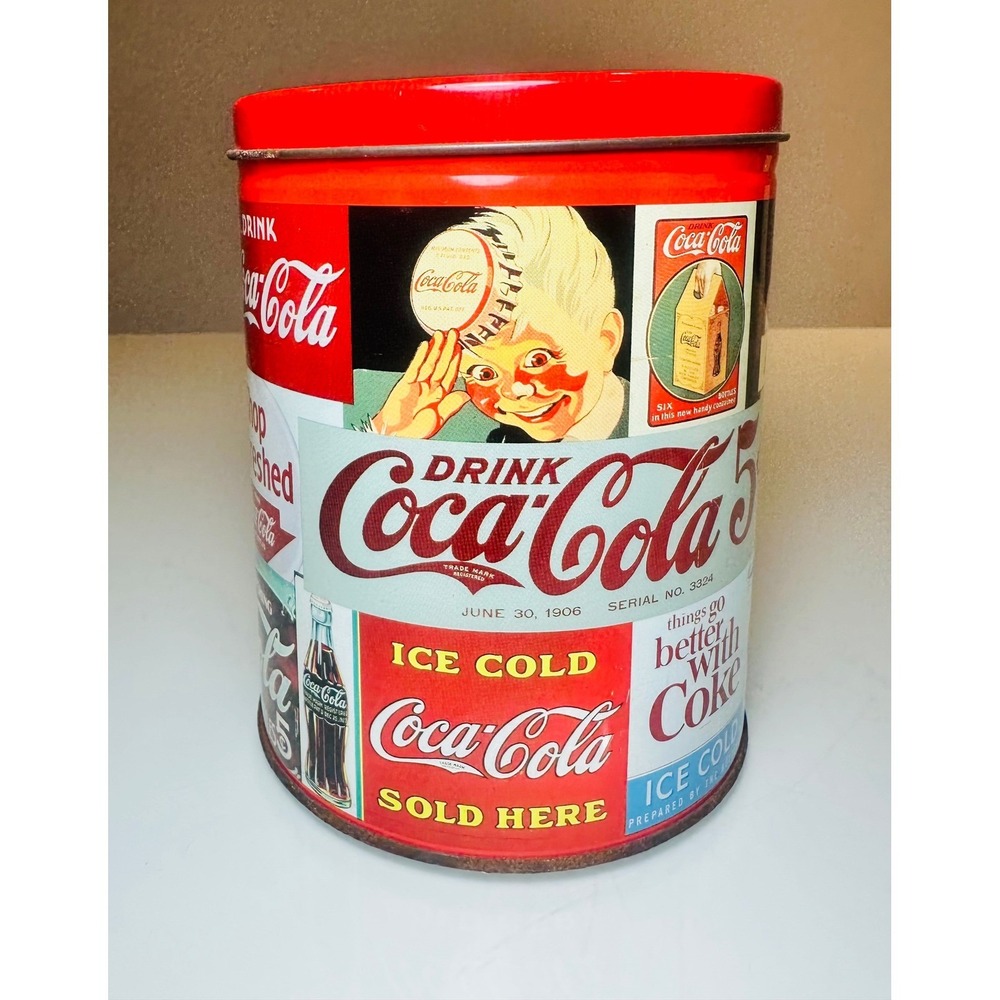 Vintage Coca-Cola Advertising Collage Metal Tin with Lid Red 6" Tall Good